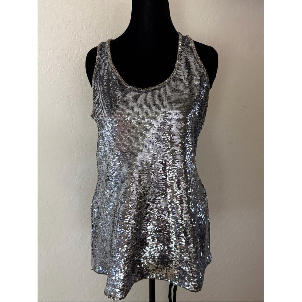 Boston Proper Silver Sequin Tank Top Size 10 Beaded Glam Party Holiday